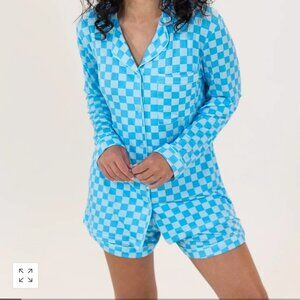NWT In My Sundays Mallory Ervin Blue Checkered Long Sleeve Pajama and Short Set